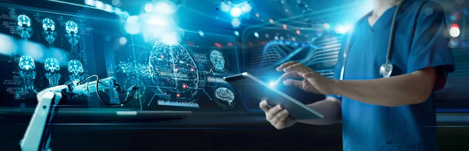 A doctor in a room with futuristic depictions of brain scans