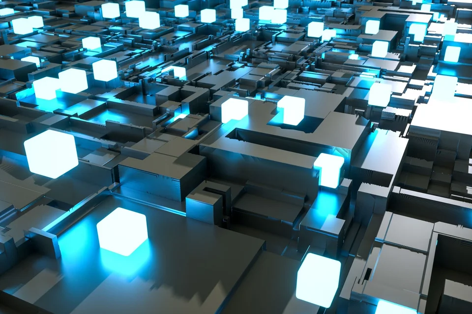 Glowing 3d blocks in a geometric landscape