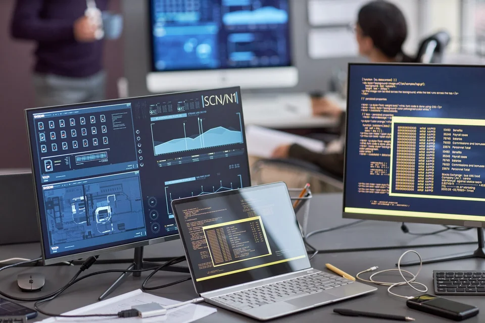 A computer desk with laptops and monitors on it