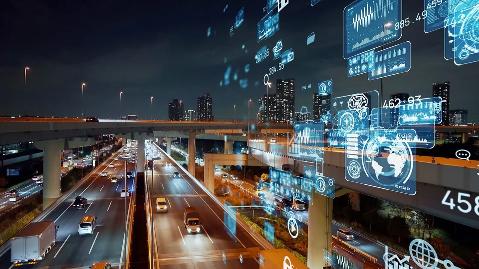 A highway with cars and visualizations of data streams