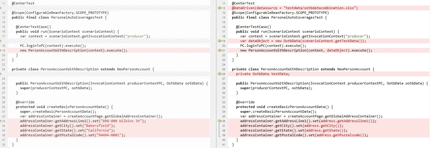 Writing DDT tests is often challenging, so CenterTest takes a different approach from the norm. We start with a traditional test using hardcoded values, then have CenterTest bots convert it into a fully functional DDT test along with its data objects in seconds! CenterTest then reads these data objects without additional coding. We currently use Excel, the most common data store for DDT, but CenterTest can also support JSON, XML, databases, or most other types. The following test snippet was written with hard-coded values and then converted with AnkrPt bots. The result is a spreadsheet and the updated test. Note the use of referenced values instead of hard-coded values.