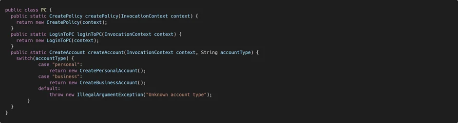 When implementing the factory pattern, consider using a Simple Factory for straightforward object creation, or an Abstract Factory when you need to create families of related objects. In our case, we will use an Abstract Factory to create different types of accounts (personal, business) along with their associated policies.